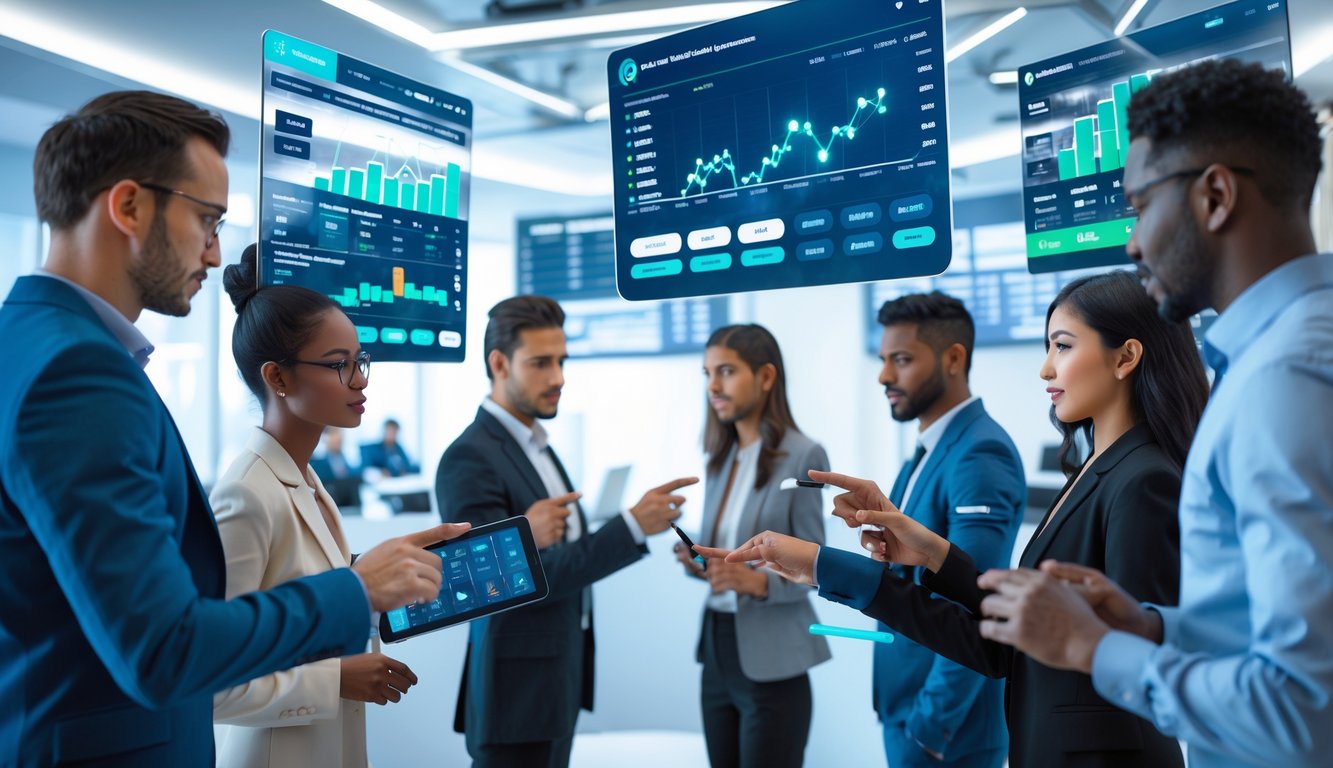 Sekelompok profesional beragam menggunakan teknologi canggih di kantor modern dengan layar digital transparan yang menampilkan data dan grafik.