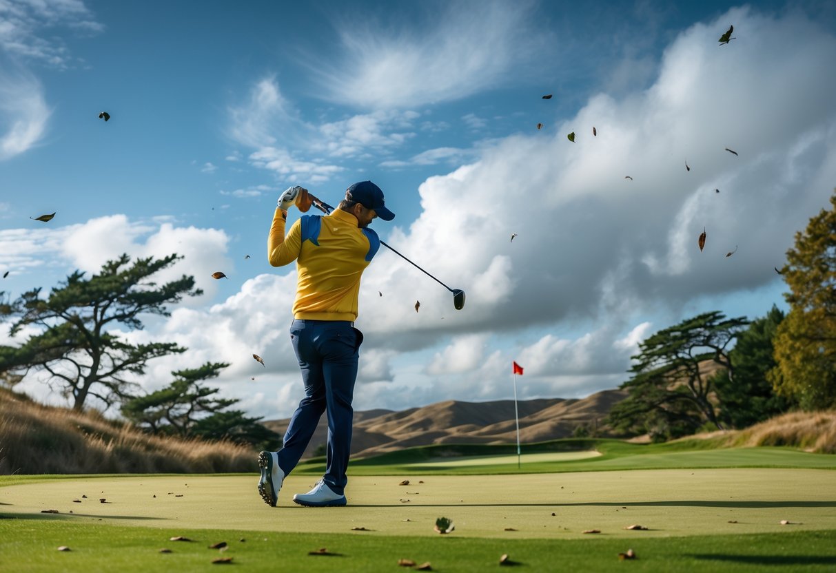 A golfer swinging a club on a windy golf course with trees and grass blowing in the wind.