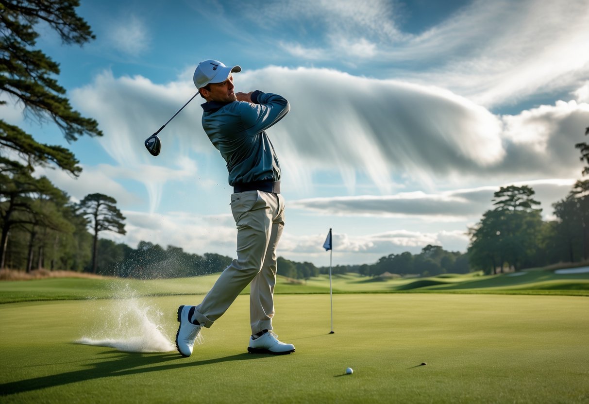 A golfer swinging on a windy golf course with trees and flags bending in the wind.