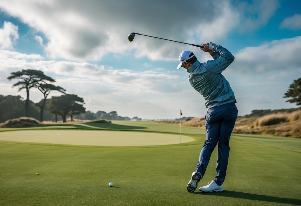Golfer swinging a club on a windy golf course with trees and tall grass bending in the breeze.