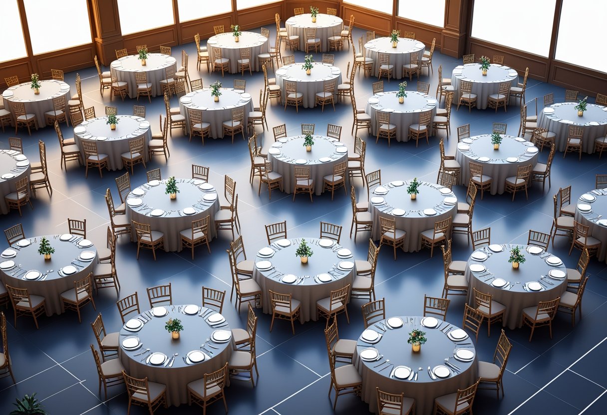Top-down view of a banquet hall with multiple round tables set for guests, arranged neatly with chairs and place settings.