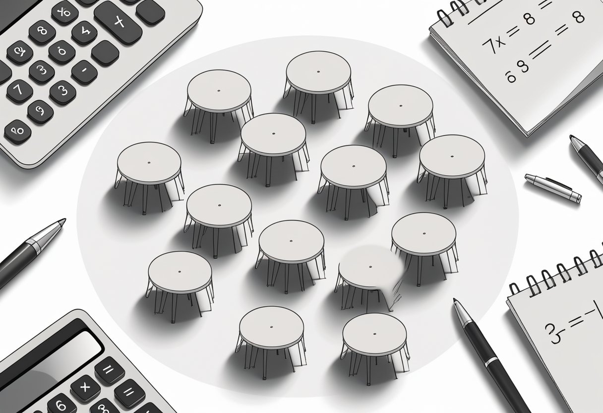 Top-down view of multiple round tables arranged with chairs around them, alongside a calculator and notepad showing simple calculations.