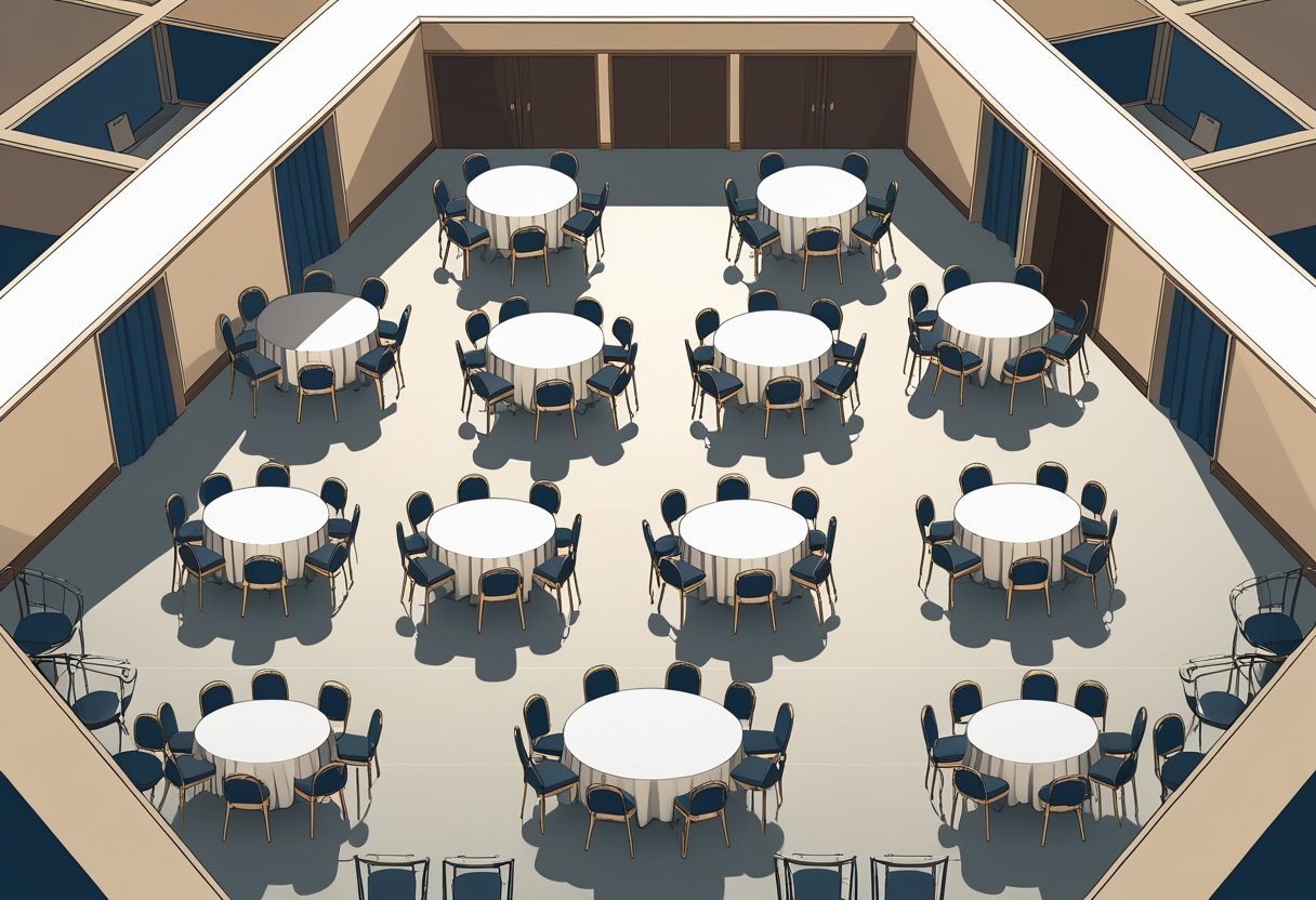 Top-down view of an event hall with multiple 60-inch round tables arranged evenly, each surrounded by chairs to seat 100 guests.