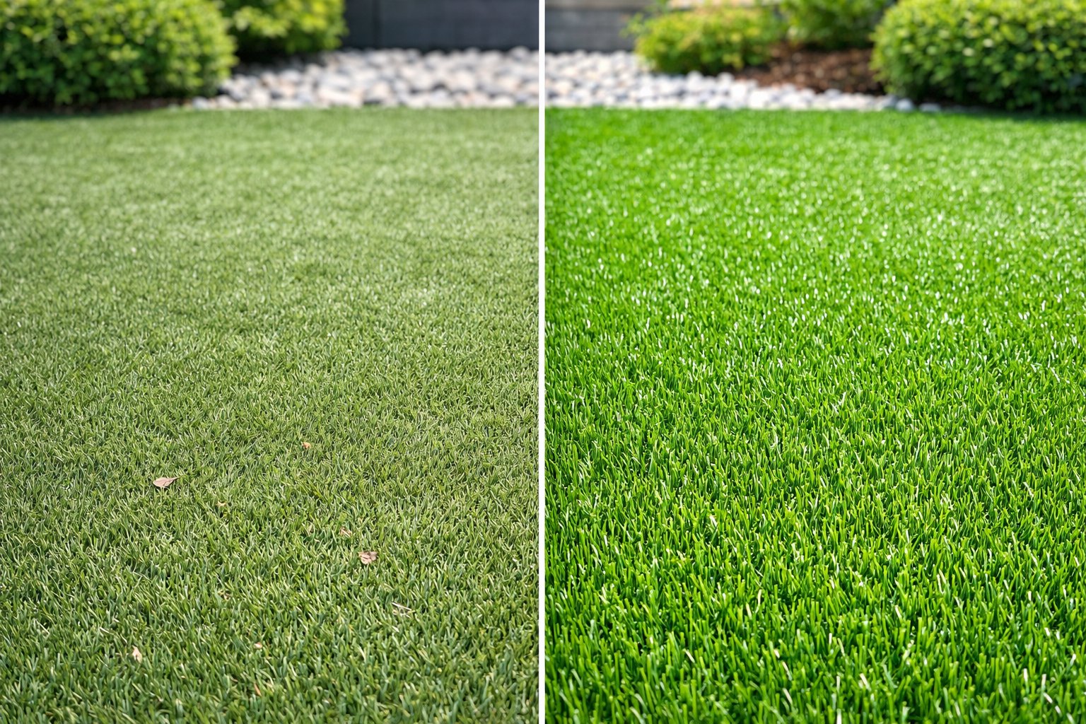 Side-by-side comparison of two sections of artificial turf, one clean but dull and the other sparkling green and vibrant, outdoors in a garden setting.