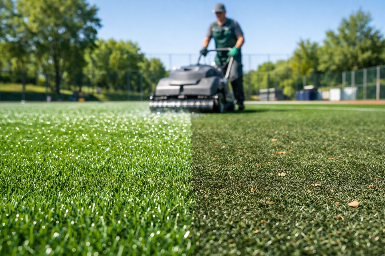 A well-maintained artificial turf field with one side sparkling clean and the other side showing some debris, with a worker cleaning the turf outdoors.