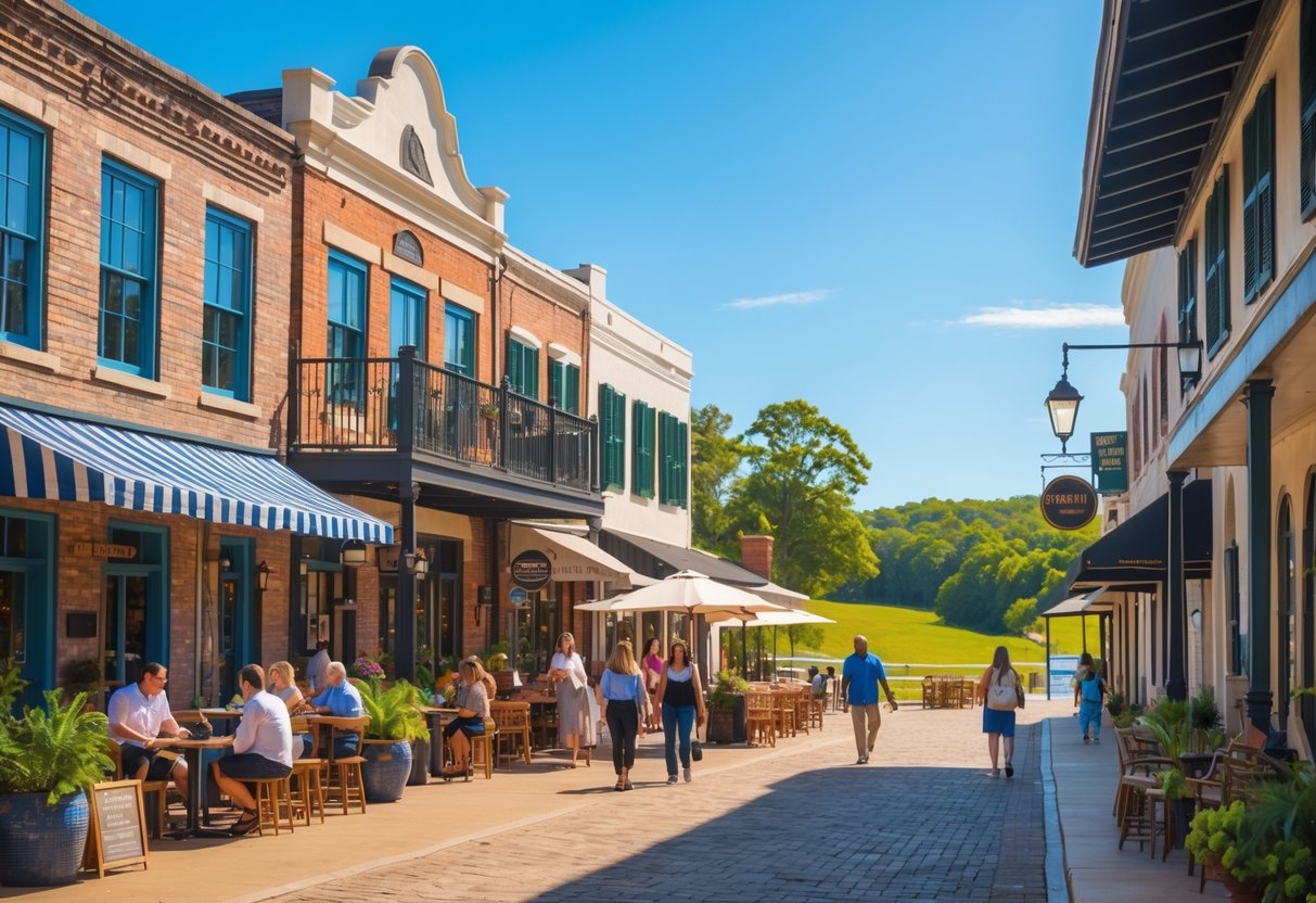 A lively downtown street in Monroe, Louisiana with historic buildings, people walking and sitting at outdoor cafes, and a river with greenery in the background.
