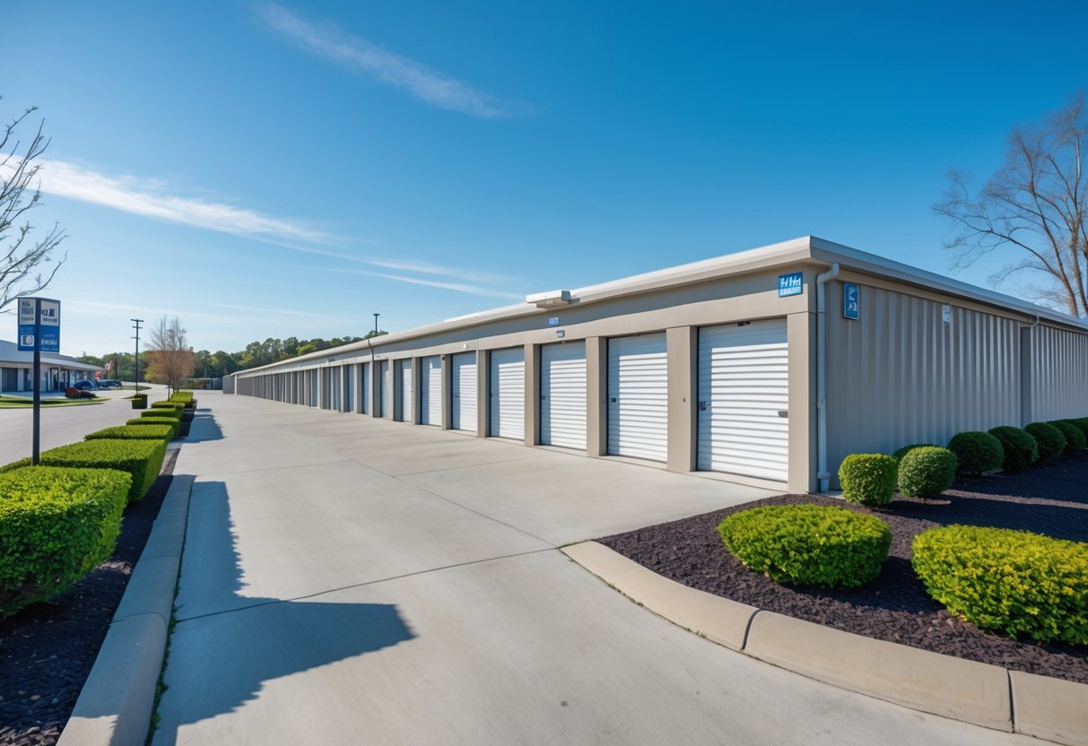 A clean and modern self-storage facility with rows of storage units and greenery under a clear blue sky.