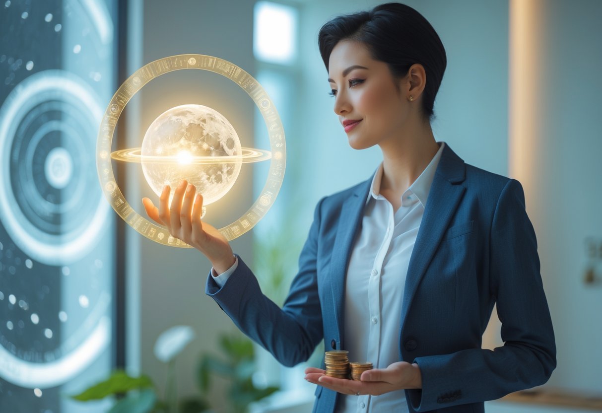 A person holding a glowing orb with cosmic elements, standing thoughtfully near symbols of wealth and security in a calm indoor setting.