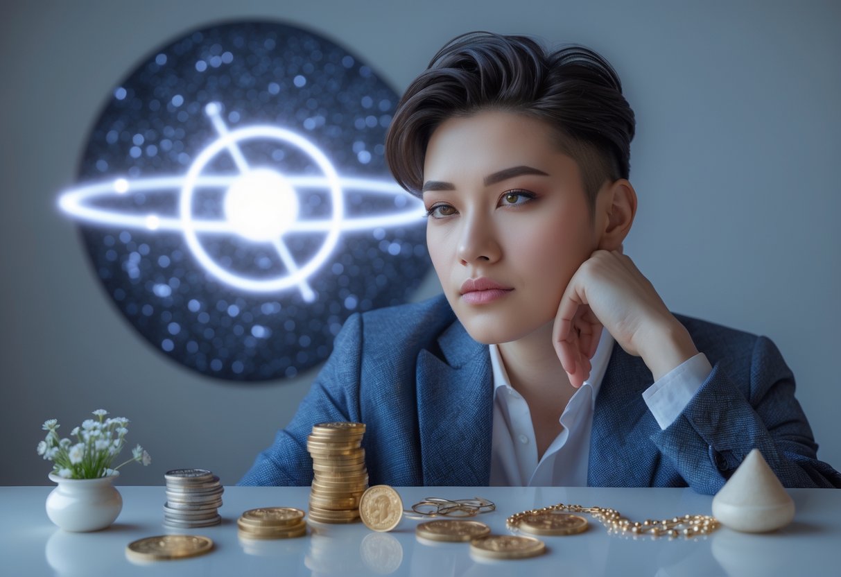 A thoughtful young adult surrounded by coins and jewelry with a glowing planet Uranus in the starry background.
