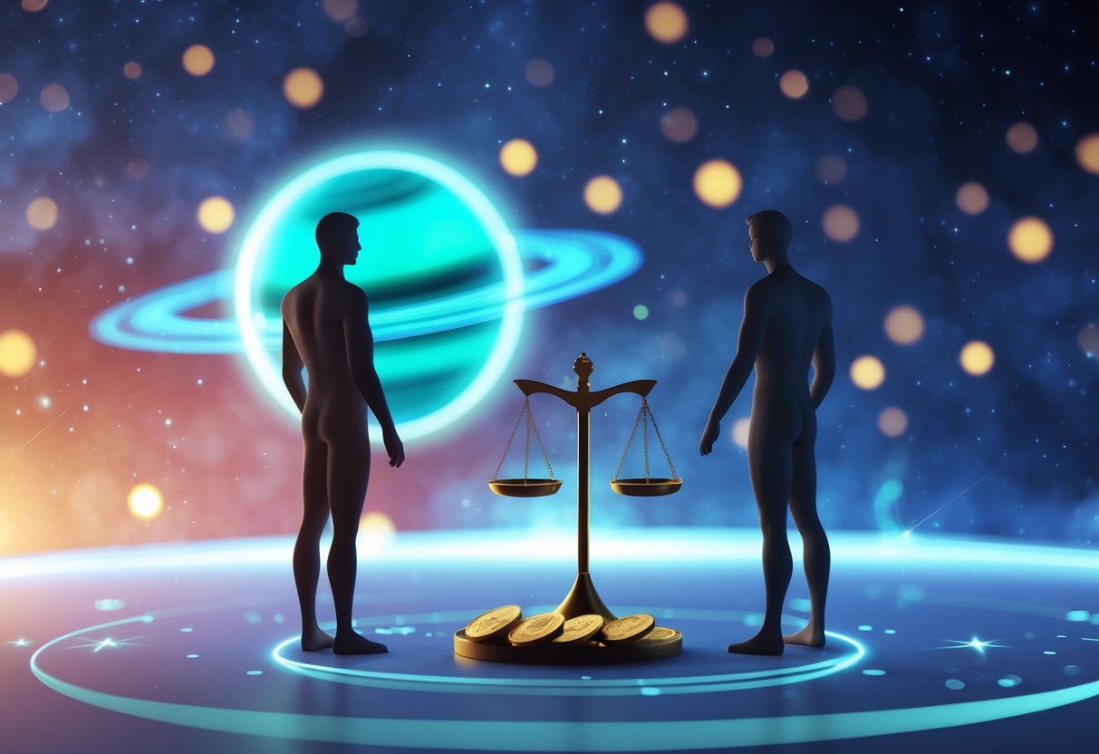 Two silhouetted people connected by a glowing light with a glowing blue-green planet and golden scales in a starry cosmic background.