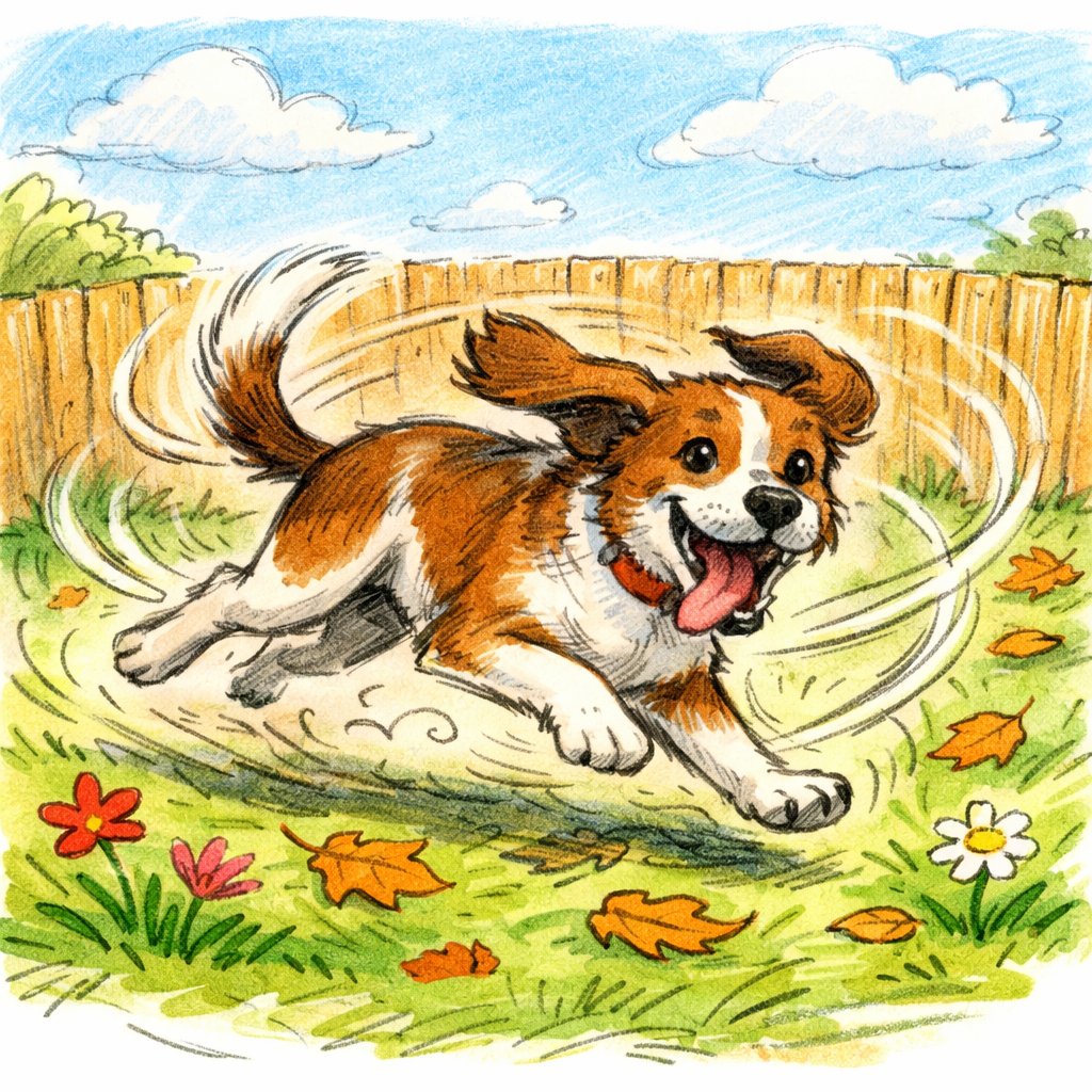 A happy dog running energetically in a sunny backyard with grass, leaves, and a wooden fence in the background.