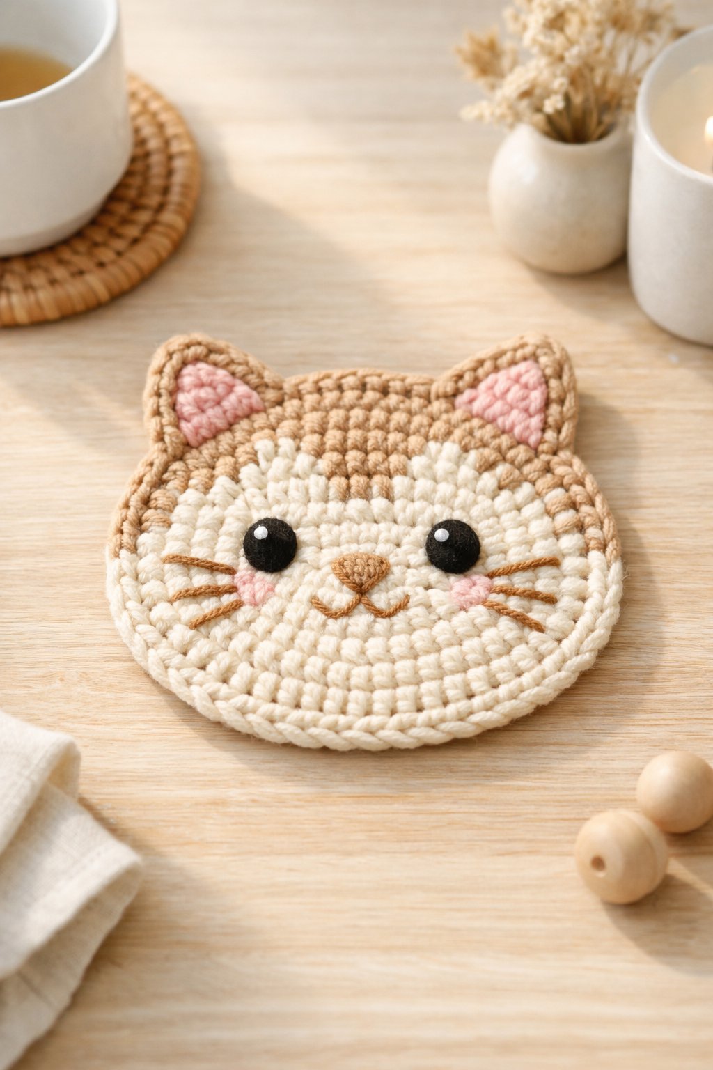 Top view of a handmade crochet cat coaster on a light wooden table with soft natural light and minimal home decor in the background.