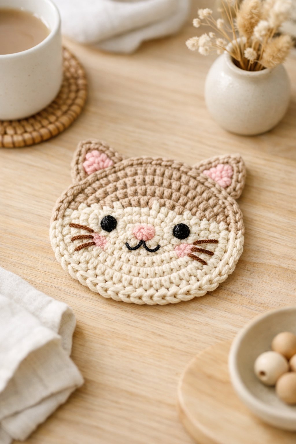 Top view of a handmade crochet cat coaster on a light wooden table with soft natural light and minimal home decor in the background.