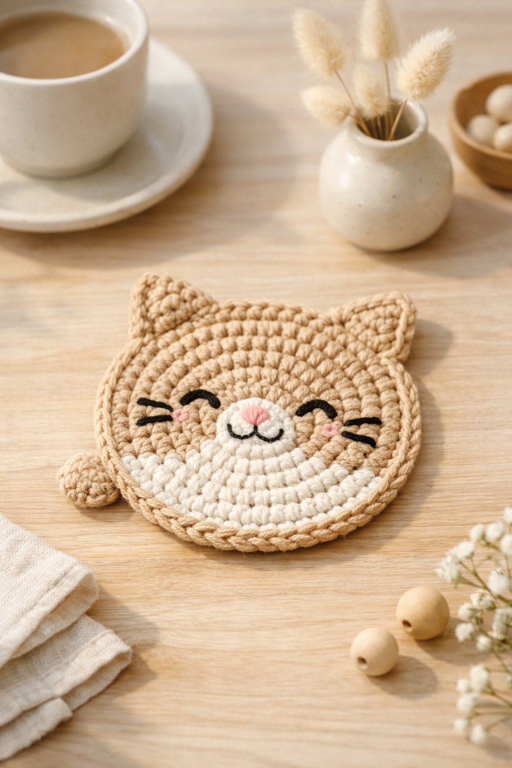 Top view of a handmade crochet cat coaster on a light wooden table with soft natural light and minimal home decor in the background.