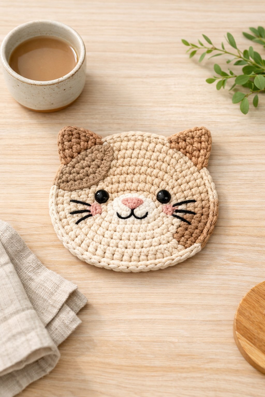 Top view of a handmade crochet cat coaster on a light wooden table with a small cup and greenery nearby.
