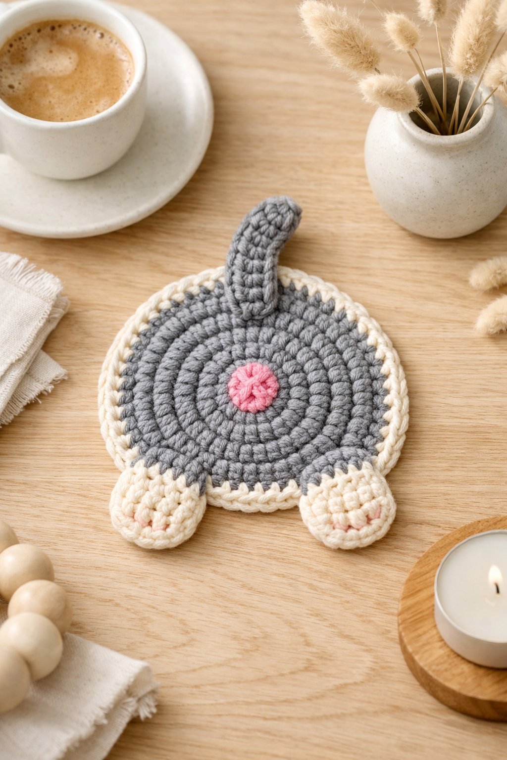 Top-down view of a handmade crochet cat butt coaster on a light wooden table with minimal home decor around it.