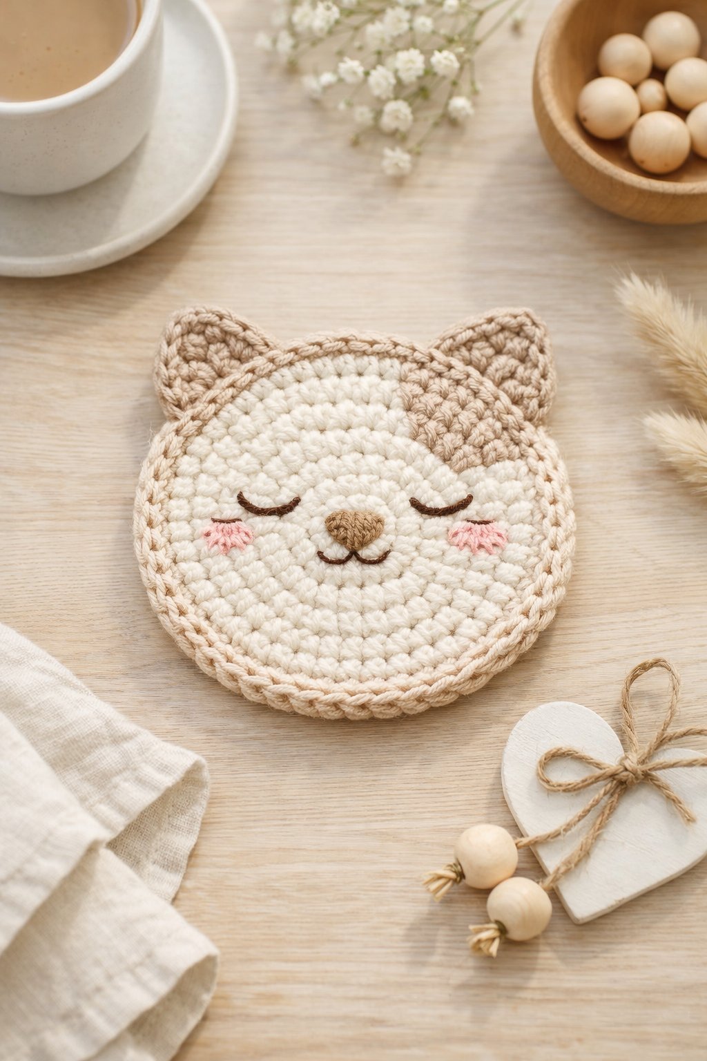 Top view of a handmade crochet cat coaster on a light wooden table with soft natural light and minimal home decor around it.