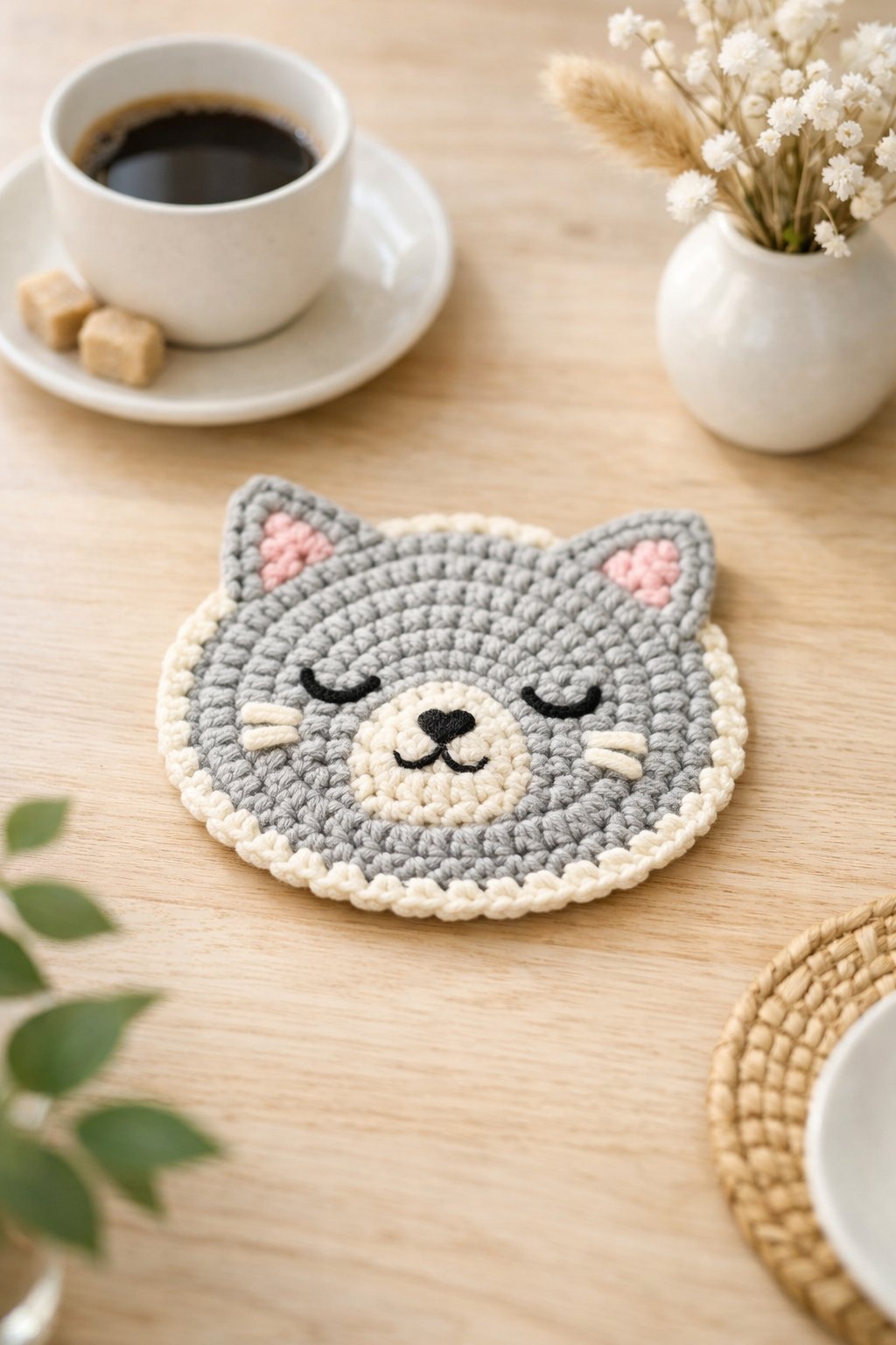 Top view of a handmade crochet cat coaster on a light wooden table with soft natural light and minimal home decor in the background.