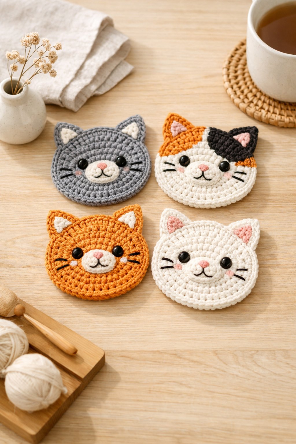 Top view of handmade cat-themed crochet coasters on a light wooden table with soft natural light and minimal home decor.