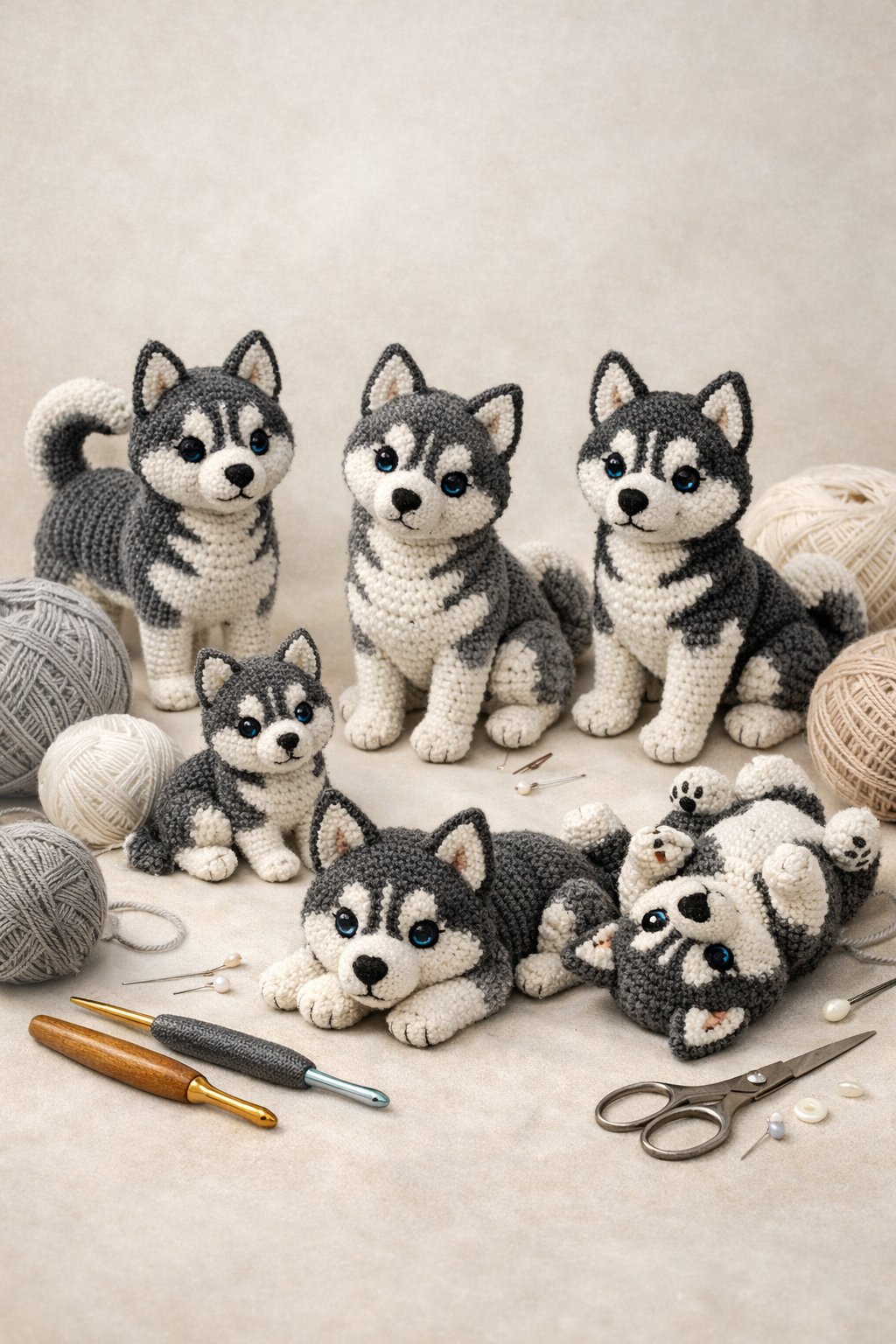 Several crocheted husky figures in different poses displayed with yarn and crochet tools on a neutral background.