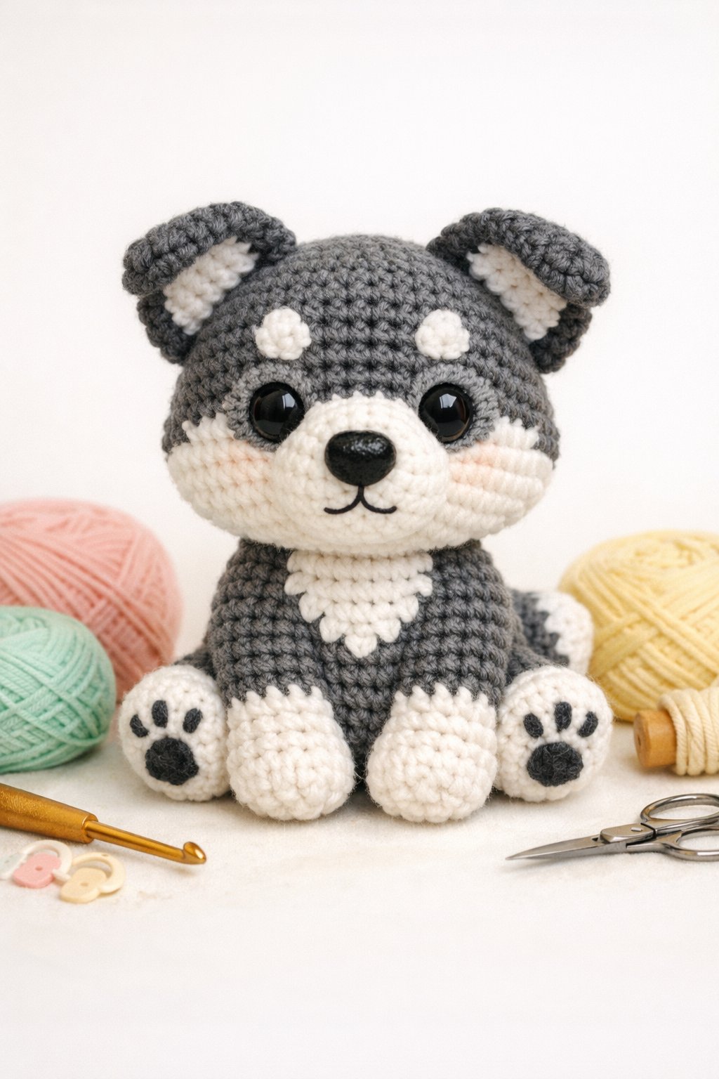 A crocheted husky dog sitting upright with gray, white, and black yarn, surrounded by yarn balls and a crochet hook.