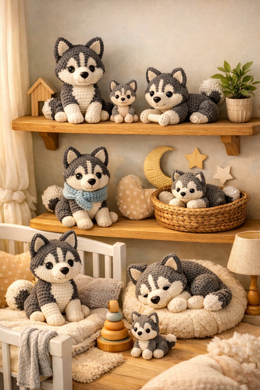 A nursery room with shelves displaying several handmade crochet husky toys alongside a crib, cushions, and a potted plant.