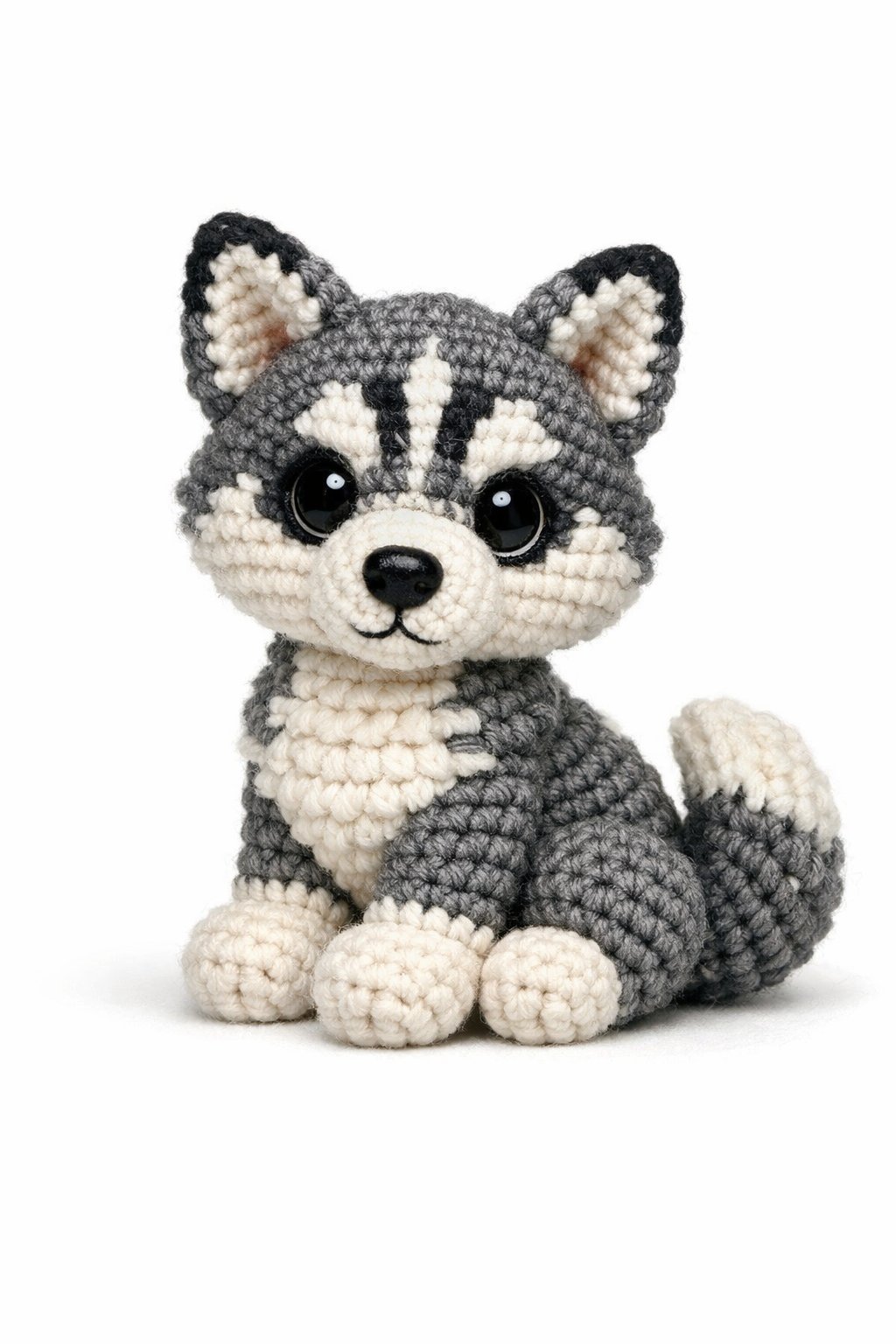 A crocheted husky puppy sitting with detailed yarn stitches and safety eyes, showing its fluffy tail and distinctive markings.