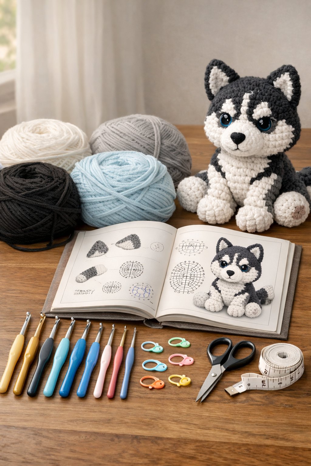 A workspace with crochet hooks, yarn in white, gray, black, and blue, stitch markers, scissors, measuring tape, a crochet pattern booklet, and a partially completed crochet husky figure on a wooden table.