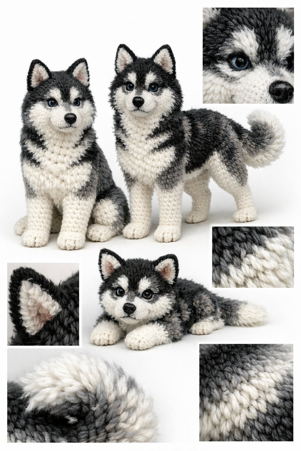 Several crocheted husky figures with detailed fur textures displayed against a plain background.