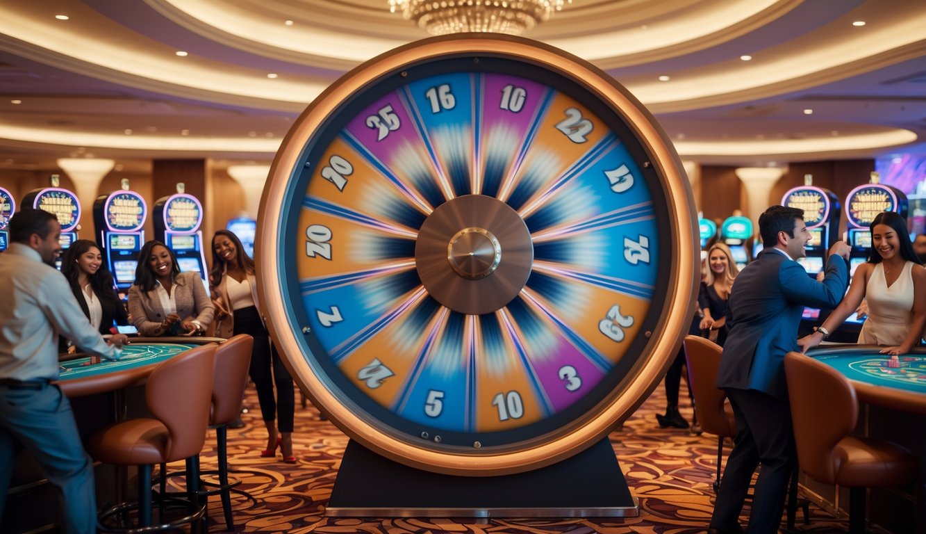 Pemandangan meja permainan Big Six Wheel di kasino dengan pemain yang sedang memasang taruhan dan roda berputar.