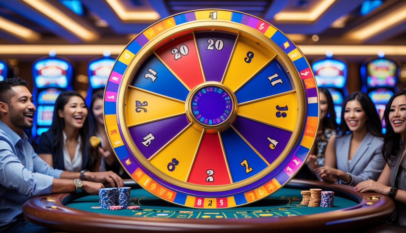 Pemandangan kasino dengan roda Big Six besar dan pemain yang antusias mengamati permainan.