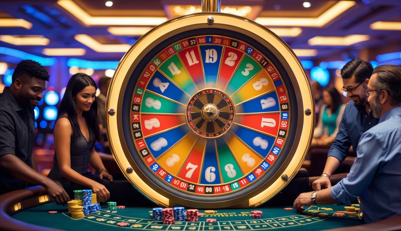 Sebuah roda Big Six Wheel di kasino dengan pemain yang sedang memasang taruhan dan suasana kasino yang ramai.