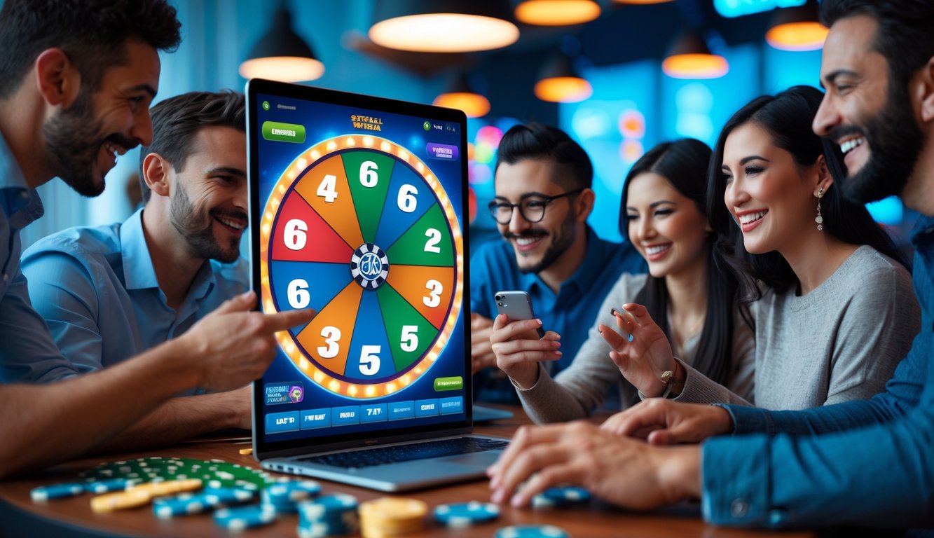 Beberapa orang bermain permainan roda besar kasino online dengan antarmuka digital yang cerah dan suasana ruangan yang modern.