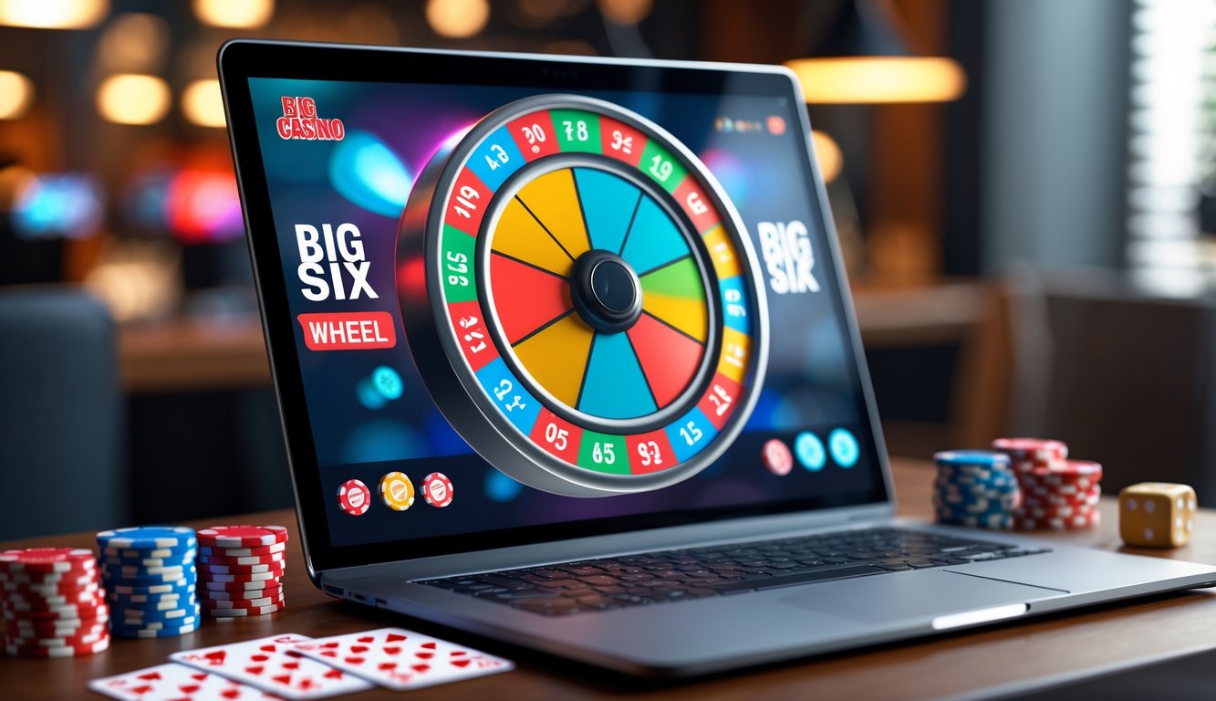 Sebuah layar komputer menampilkan permainan Big Six Wheel online dengan roda berwarna-warni, dikelilingi chip poker dan kartu di atas meja kayu.