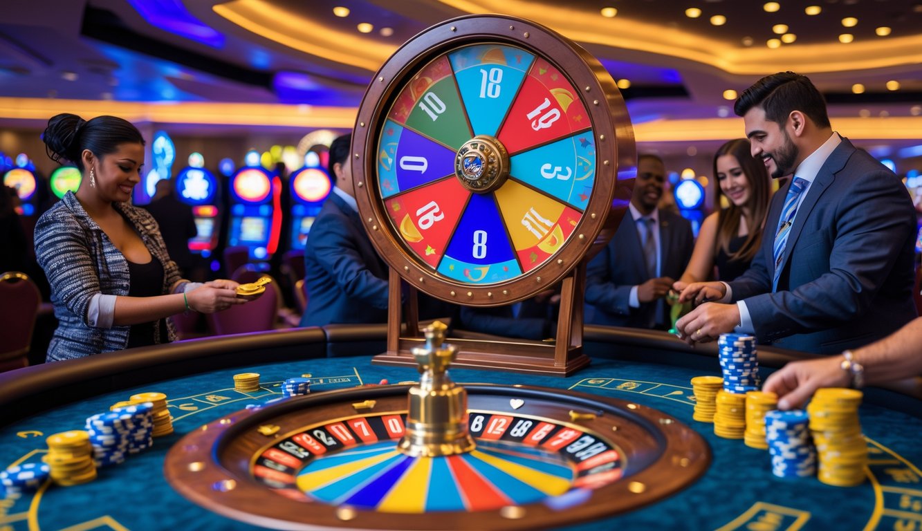 Orang-orang bermain permainan casino Big Six Wheel di sebuah kasino dengan roda besar berwarna-warni dan tumpukan chip taruhan.