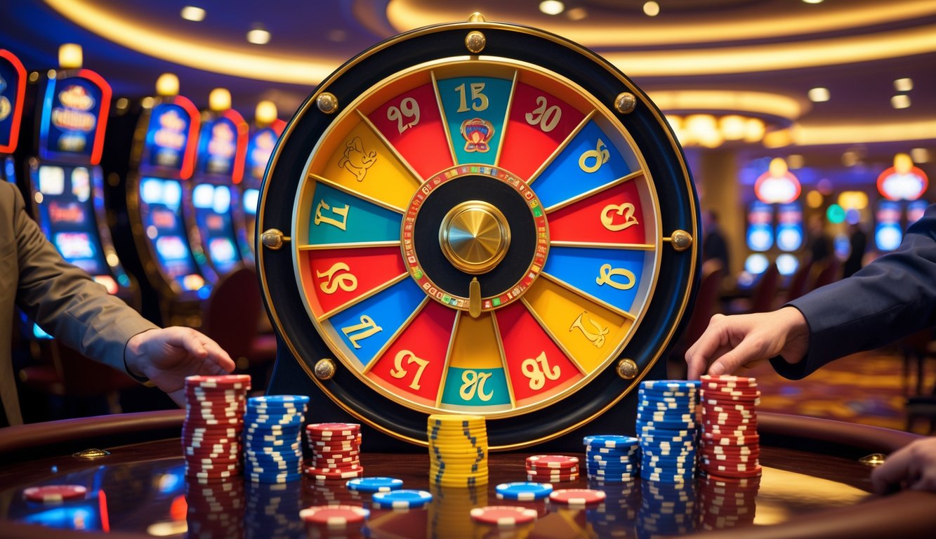 Roda besar permainan kasino Big Six Wheel berwarna-warni dengan tumpukan chip dan tangan pemain yang sedang memasang taruhan di meja kasino.