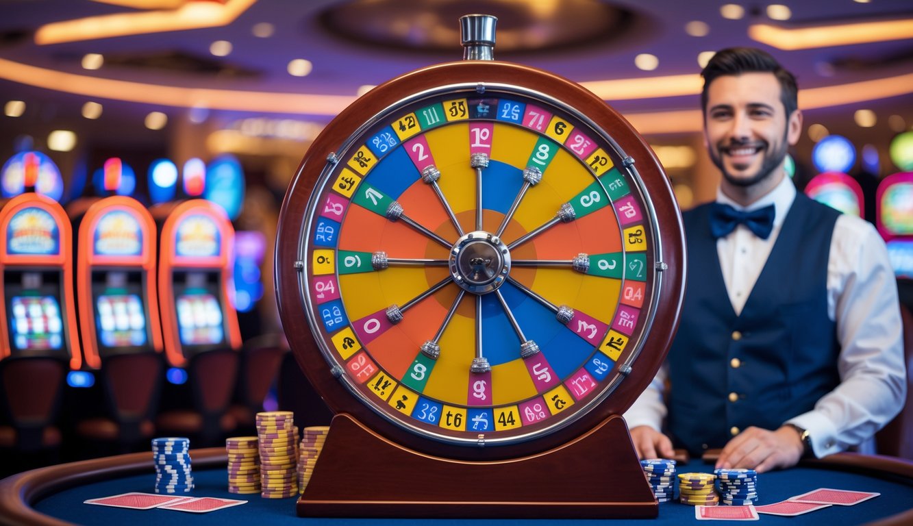 Roda Big Six Wheel kasino besar berwarna-warni dengan dealer yang tersenyum di latar belakang kasino yang ramai.