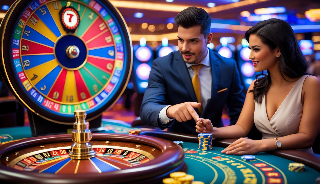 Seorang pria dan wanita sedang berdiri di depan roda Big Six Wheel di kasino, pria menunjuk ke roda sementara wanita memegang chip kasino dan mendengarkan dengan serius.