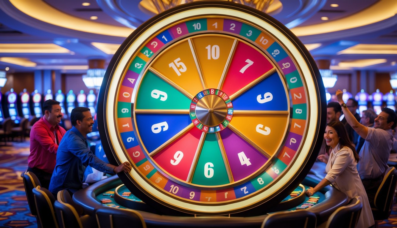 Suasana kasino dengan roda besar berwarna-warni yang sedang berputar dan beberapa pemain yang fokus dan antusias mengamati permainan.
