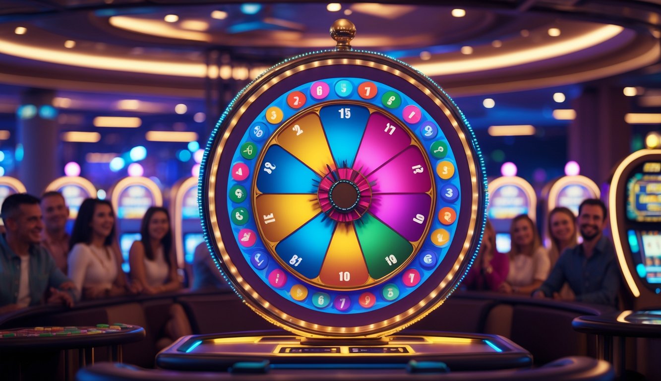 Pemandangan roda Big Six Wheel berwarna-warni di kasino online dengan orang-orang menonton dan suasana kasino yang ramai.