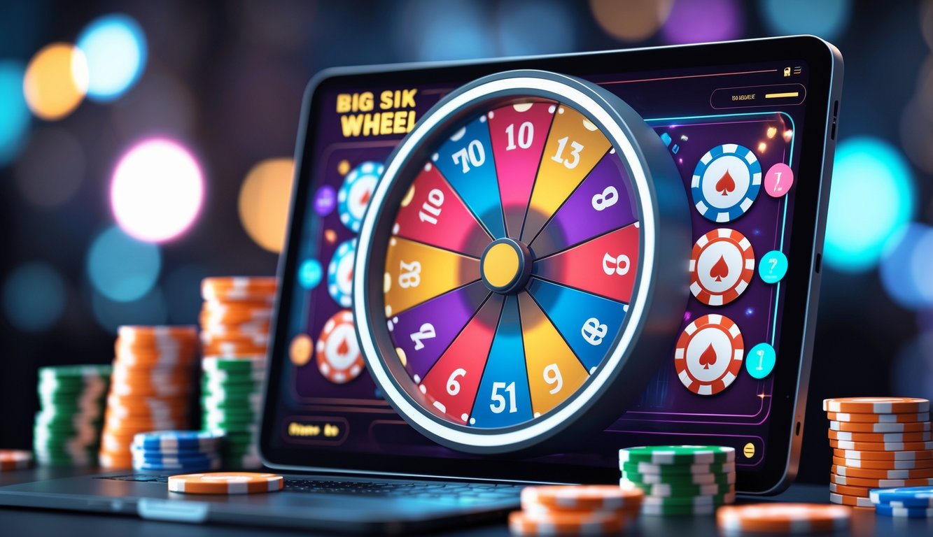 Layar perangkat digital menampilkan permainan roda besar kasino dengan chip poker dan kartu di sekitarnya.