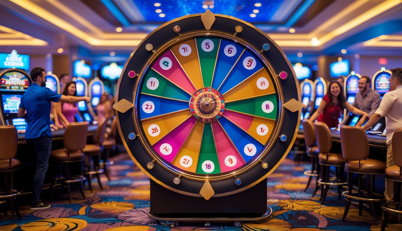 Orang-orang bermain Big Six Wheel di kasino yang ramai dan terang dengan dekorasi mewah.