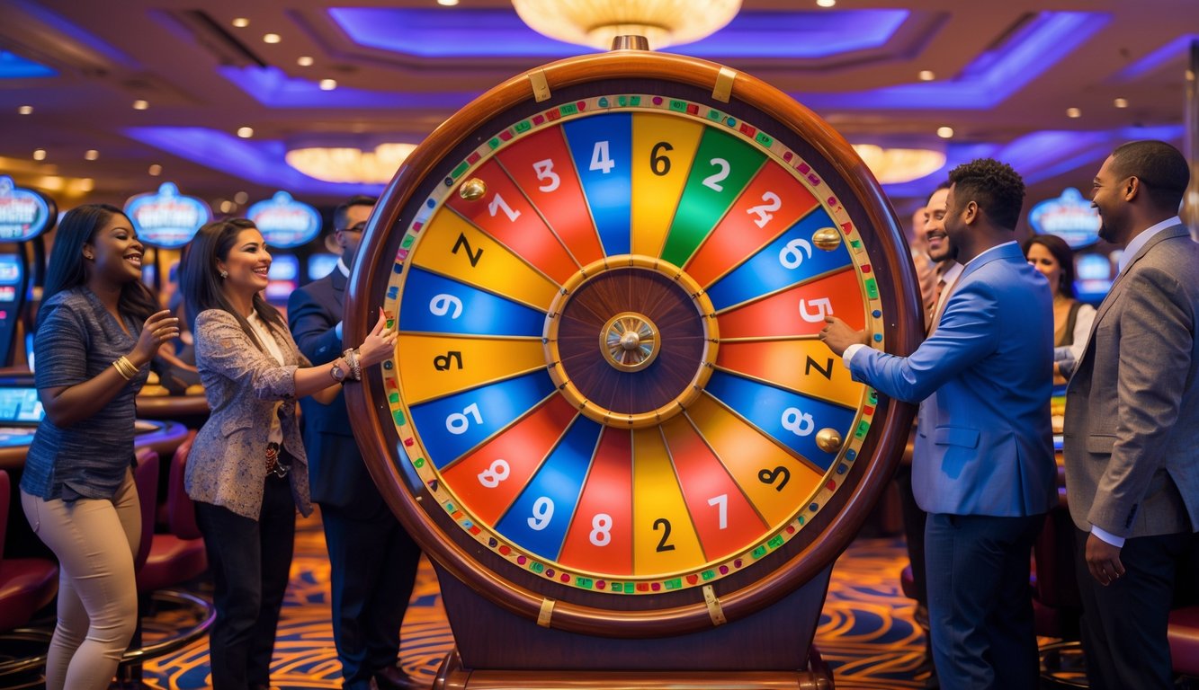 Beberapa orang sedang bermain permainan Big Six Wheel di dalam kasino dengan suasana yang ramai dan penuh semangat.