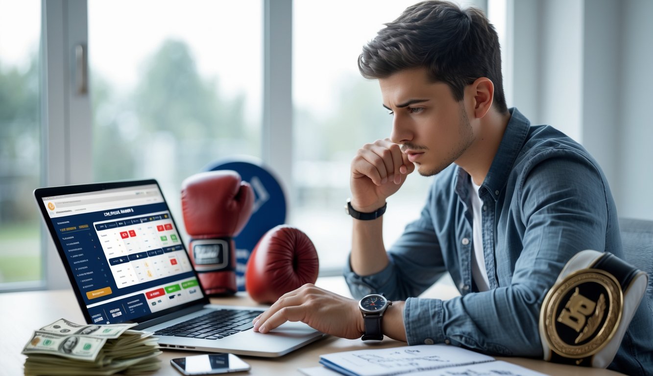 Seorang pria muda duduk di meja dengan laptop, fokus pada situs taruhan olahraga tinju online, dengan catatan strategi dan beberapa uang di meja.