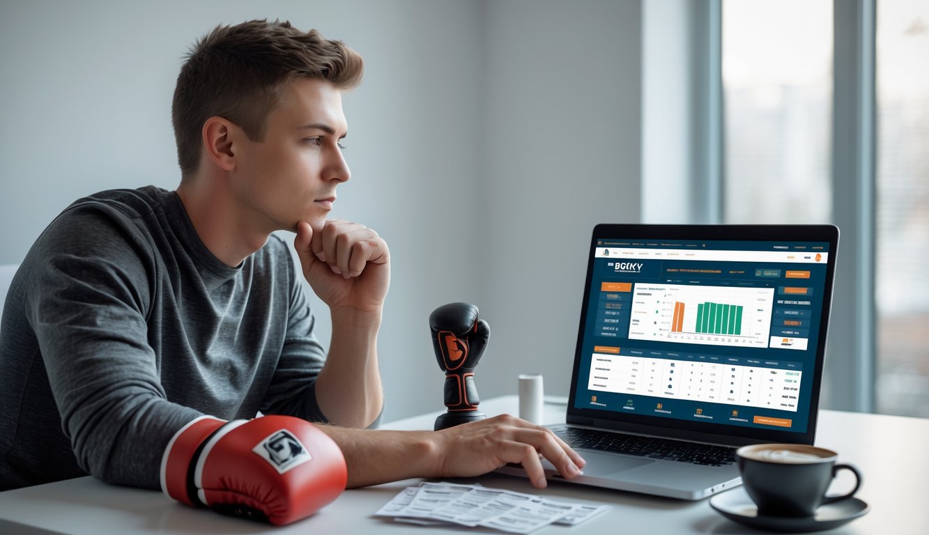 Seorang pria muda duduk di depan laptop, fokus melihat situs judi olahraga tinju online dengan suasana ruangan yang rapi dan terang.