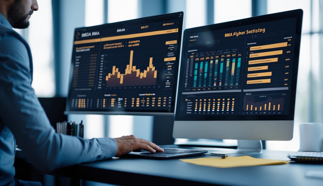 Meja kerja dengan laptop dan monitor yang menampilkan data statistik petarung MMA untuk analisis judi online.
