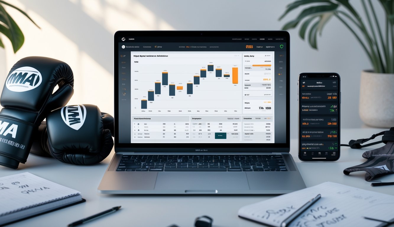 Meja kerja dengan laptop yang menampilkan grafik statistik petarung MMA, sarung tangan MMA, dan ponsel dengan informasi taruhan.
