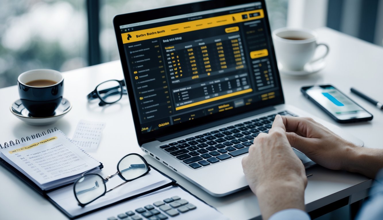 Seseorang sedang menggunakan laptop dan alat tulis untuk menganalisis peluang judi tinju online di sebuah meja kerja yang rapi.