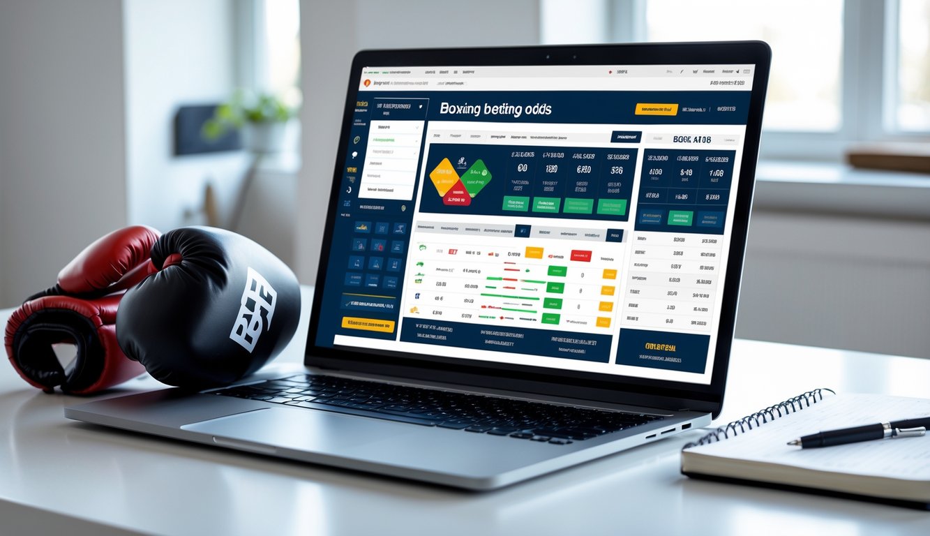 Seorang pria sedang menganalisis peluang taruhan tinju online di depan laptop dengan sarung tinju dan buku catatan di meja.