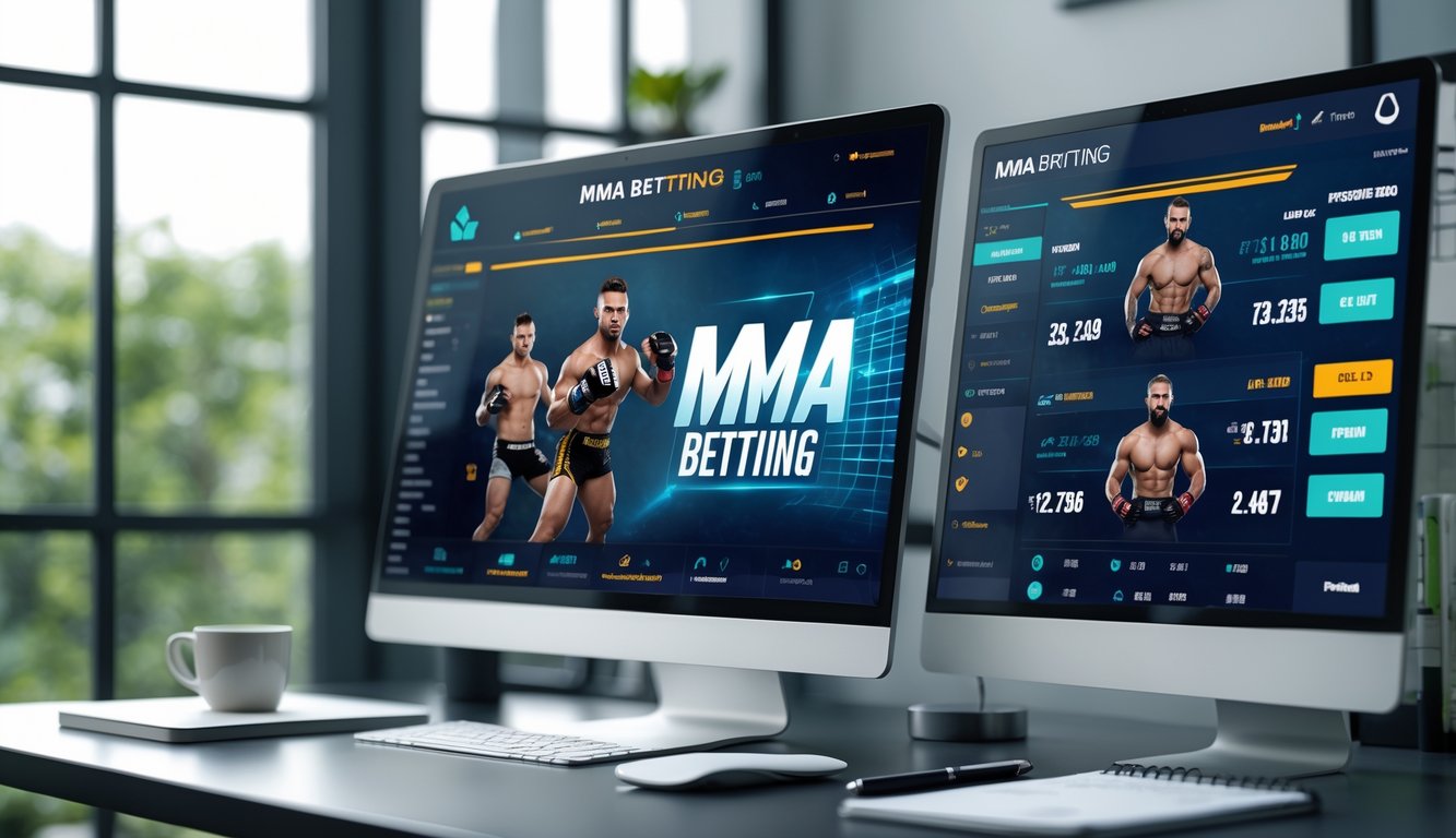 Sebuah ruang kerja modern dengan komputer dan ponsel yang menampilkan grafik pertarungan MMA dan informasi taruhan, di atas meja yang rapi dengan cangkir kopi dan alat tulis.